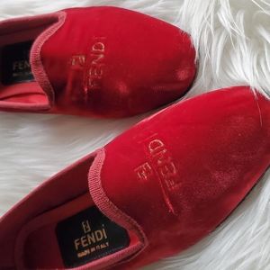 FENDI Vintage Red Velvet & Gold monogrammed loafers x shoes x slippers